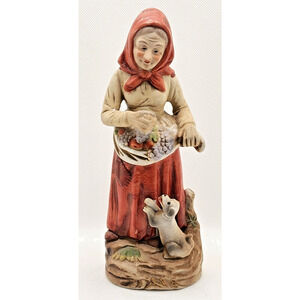 FIGURINE-PORCELAIN-HOMCO-Country Lady With Basket and Dog-Shelf Decor